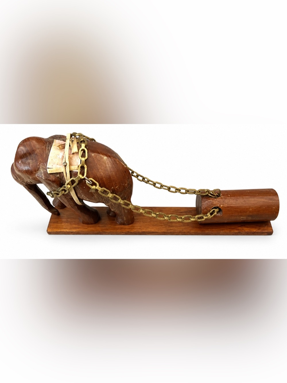 Handcrafted Brown Wood Elephant  with Brass Chain